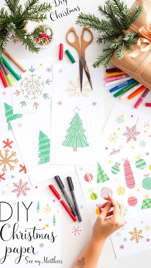 A table with DIY Christmas wrapping paper, colorful drawings, and crafting materials.